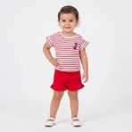 HelloBaby Kız Bebek Bluz-Şort Çizgili Düğmeli Bisiklet Yaka Short Sleeve Reçme - Ekru Baskılı