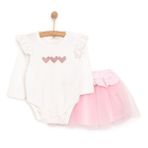 HelloBaby Kız Bebek Bluz-Şort Kalp Baskılı Çıtçıtlı Bisiklet Yaka Uzun Kol - Ekru