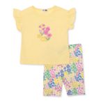 HelloBaby Kız Bebek Bluz-Tayt Çiçek Baskılı Bisiklet Yaka Kısa Kol Reçme - Sarı