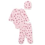 HelloBaby Kız Bebek Body-Alt-Şapka Kalp Baskılı Bisiklet Yaka Uzun Kol Patiksiz - Pembe