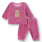 HelloBaby Kız Bebek Kadife Pijama Takımı Ayı Baskılı Bisiklet Yaka Uzun Kol Ribanalı - Pembe