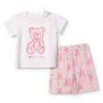 HelloBaby Kız Bebek Pijama Takımı Ayı Baskılı Bisiklet Yaka Kısa Kol Reçme - Ekru