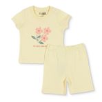HelloBaby Kız Bebek Pijama Takımı Çiçek Baskılı Çıtçıtlı Bisiklet Yaka Kısa Kol Reçme - Sarı