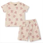 HelloBaby Kız Bebek Pijama Takımı Fiyonk Baskılı Bisiklet Yaka Short Sleeve Reçme - Ekru