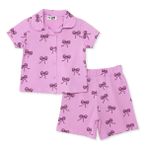 HelloBaby Kız Bebek Pijama Takımı Fiyonk Baskılı Düğmeli Gömlek Yaka Short Sleeve Reçme - Pembe