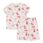 HelloBaby Kız Bebek Pijama Takımı Tavşan Baskılı Çıtçıtlı Bisiklet Yaka Kısa Kol Reçme - Ekru