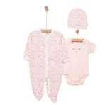 HelloBaby Kız Bebek Tulum-Body-Şapka Çiçek Baskılı Çıtçıtlı Bisiklet Yaka Uzun Kol Patikli - Ekru