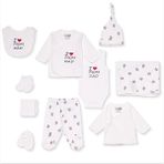 HelloBaby Unisex 10lu Bebek Hastane Çıkışı Seti Slogan Baskılı Çıtçıtlı V Yaka Uzun Kol Patikli - Ekru