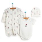 HelloBaby Yenidoğan Baby Mom&Dad Kendinden Eldivenli Unisex Ekru Tulum + Body + Şapka