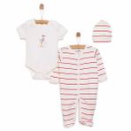HelloBaby Yenidoğan Erkek Bebek Tulum-Body-Bere 3lü Takım İnterlok Bisiklet Yaka Uzun Kol Ekru -