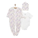 HelloBaby Yenidoğan Kız Bebek Tulum-Body-Bere 3lü Takım İnterlok Modelli Yaka Uzun Kol Ekru -