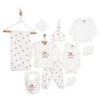 HelloBaby Yenidoğan Unisex 10lu Bebek Hastane Çıkışı Seti İnterlok V Yaka Patikli Paça Uzun Kol Ekru -