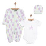 HelloBaby Yenidoğan Unisex Bebek Tulum-Body-Bere 3lü Takım İnterlok Mor Tavşan Desenli Bisiklet Yaka Uzun Kol Ekru -