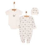 HelloBaby Yenidoğan Unisex Bebek Tulum-Body-Bere 3lü Takım İnterlok Sevimli Fil Desenli Kendinden Eldivenli Çıtçıtlı Yaka Uzun Kol Ekru -