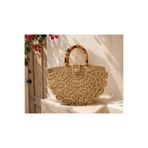 Helybag Kadın Bej Kağıt İp Örgü Yazlık Çanta Bambu Saplı Plaj ve Günlük El Çantası 40cm-24cm