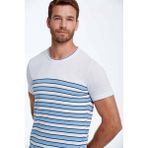 Hemington Mavi Çizgi Desen Bisiklet Yaka Beyaz Triko T-Shirt - Off White - 2XL