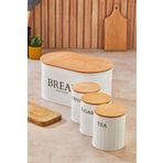 hemlife Ahşap Kapaklı Metal Ekmeklik, Çay, Kahve, Şeker 4'lü Set Beyaz/ahşap
