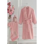 Hepsine Rakip Şalyaka Kadın Erkek Pamuklu Havlulu Banyo Bornoz Takımı - Pembe - L-XL