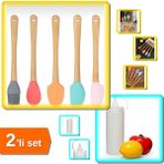 Hereveoyuncak 5 Adet Ahşap Saplı Renkli Silikon Spatula + Şeffaf Sos Şişesi 400 ml - 2li Set R6K8E4