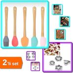 Hereveoyuncak 5 Adet Ahşap Saplı Silikon Spatula + 12 Adet Kek Kalıbı - Bisküvi Kalıbı - Fondan - 2li Set 4GY9RA