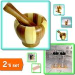 Hereveoyuncak Bambu Havan (Ahşap) Büyük + Ahşap Yağdanlık Altlığı - 2 Bölmeli Ahşap Yağğlık Sosluk Altlığı ABC123