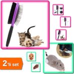 Hereveoyuncak Çok Amaçlı Çift Taraflı Kolay Evcil Hayvan Fırçası + Kurmalı Peluş Kedi Eğitim Oyuncağı - 2li Set X9