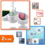 Hereveoyuncak Sünger Hazneli Sıvı Sabunluk Deterjanlık + 3 Adet Yapışkanlı Mutfak Banyo Raf Tutucu - 2li Set U4A3S