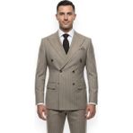 HERMOSE Signature | Krem Rengi Çizgili Kruvaze Takım Elbise - Beyaz - Krem - 6 Drop - 58