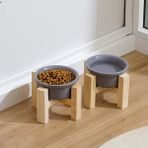 Herniks 12x10 cm Gri Ahşap Ayaklı Seramik Kedi Köpek 2'li Mama ve Su Kabı