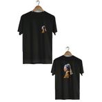 Hero Tasarım BLL927 İnci Küpeli Kız Siyah Ön Arka Baskılı Bisiklet Yaka Kısa Kollu Erkek T-shirt