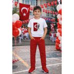 Herşey Nota Erkek Çocuk Kırmızı Beyaz Kombin Takım Baskılı Tişört Pantolon 5-13 Yaş Okul Bayram Etkinlik - 5 Yaş - Çok Renkli