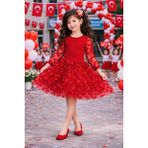 Herşey Nota Kız Çocuk Kırmızı Çiçek Detaylı Tişört ve Tül Etek Takım – Okul Bayram Etkinlik 5-13 Yaş - 6 Yaş