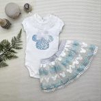 Herşeytrend 1-2-3 Yaş Payetli Mickey Nakışlı Kısa Kollu Brode Etekli 2Li Kız Bebek Takımı Turkuaz