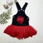 Herşeytrend 2-3-4 Yaş Fiyonklu Düğme Detaylı Tül Etek Kot Kumaş Salopet Kız Çocuk Elbisesi Siyah-Kırmızı