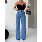 Herton Yüksek Bel Paça Püsküllü Geniş Kesim Denim Pantolon – Mavi