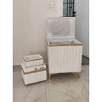 Heskar Home 3′ Lü Dikdörtgen Altın Şeritli Modern Kadife Kirli Sepeti - Krem