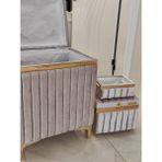 Heskar Home 3 Parça Dikdörtgen Gri Renk Altın Şeritli Modern Kadife Banyo Kirli Çamaşır Sepeti