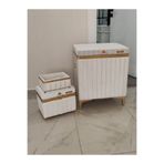 Heskar Home 3 Parça Dikdörtgen Krem Renk Altın Şeritli Modern Kadife Banyo Kirli Çamaşır Sepeti