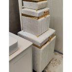 Heskar Home 3 Parça Kare Krem Renk Altın Şeritli Lüks Kadife Banyo Kirli Çamaşır Sepeti - 40x40cm