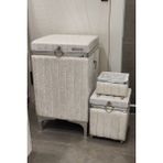 Heskar Home 3 Parça Kare Krem Renk Gümüş Şeritli Lüks Kadife Banyo Kirli Çamaşır Sepeti