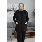 Hesna Kadın Alçin Büyük Beden 2 İp Kristal Taşlı Cepli Siyah Yelek