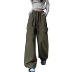 Hewlshawn Kadın kargo pantolon Y2K Baggy pantolon gotik vintage elastik bel düz pantolon Harajuku kız sokak giyimi, Yeşil., M
