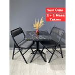 Hey Modüler Mobilya Mercan 2 Kişilik Yuvarlak Mutfak Yemek Masası Takımı 2+1 Siyah Mermer Gri Kumaş 60 cm - Siyah Mermer - Siyah