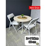 heymodülermobilya Mercan 2 Kişilik Yuvarlak Mutfak Yemek Masası Takımı 2+1 Traverten Beyaz Deri 60 Cm Traverten - Beyaz