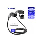 hgsşarj 8 Metre, Elektrikli Araç Şarj Kablosu 22kw-11kw-7,4kw3,7kw, 32a Kadar - Tip 2-mod3