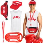 Hiboom 5 Parça Cadılar Bayramı Muhafızı Kostüm Seti Şişme Sörf Tahtası Koruma Şapkası Kırmızı Bel Paketi Üniforma Yelek Islık (Large, Beyaz)
