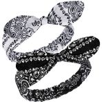 Hicarer Kadınlar ve Kızlar için 2 Adet Bandana Saç Bandı, Düğüm Retro Baskılı Saç Bantları Şal Desenli Baskılı Saç Bandı Kafa Bandı Ayarlanabilir Saç Bandı (Beyaz, Siyah)