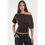 Hiccup Kadınlar Asimetrik Yaka Yumuşak Viskon Örme Bluz Mocha Kahvesi - XL