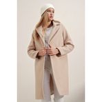 Hiccup Kadınlar BDART Düğmeli Cepli Uzun Kaşe Kaban Bej Doğal