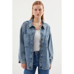 Hiccup Kadınlar BDART Oversize Denim Ceket, Gömlek Yaka ve Cep Detaylı Buz Mavisi
